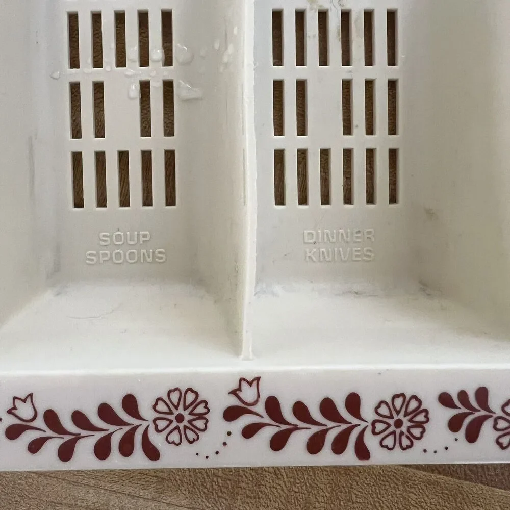 Vintage Silverware Flatware Organizer Tray Beige Maroon Floral Labeled 6 Section